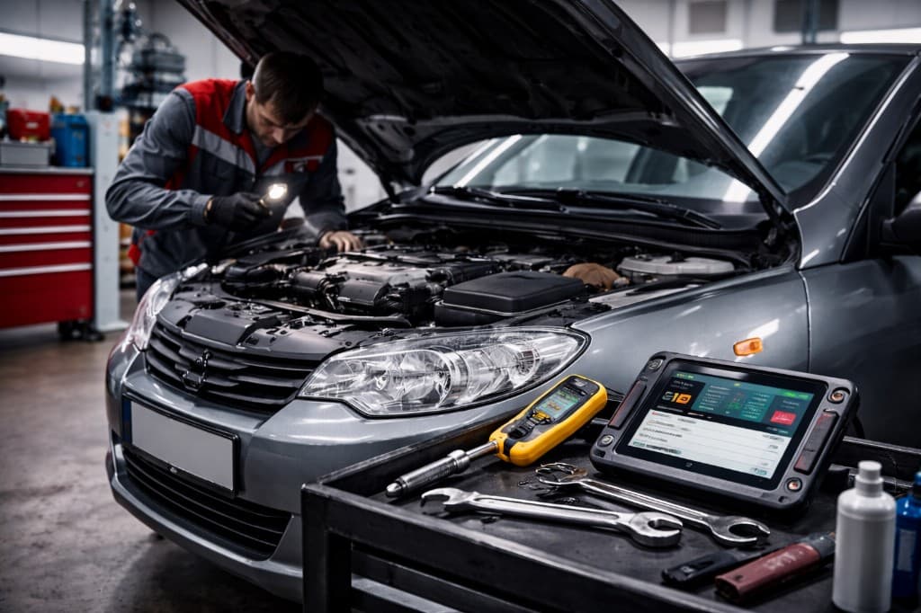 Professional mechanic using diagnostic tools to inspect a car engine in a well-equipped auto repair shop